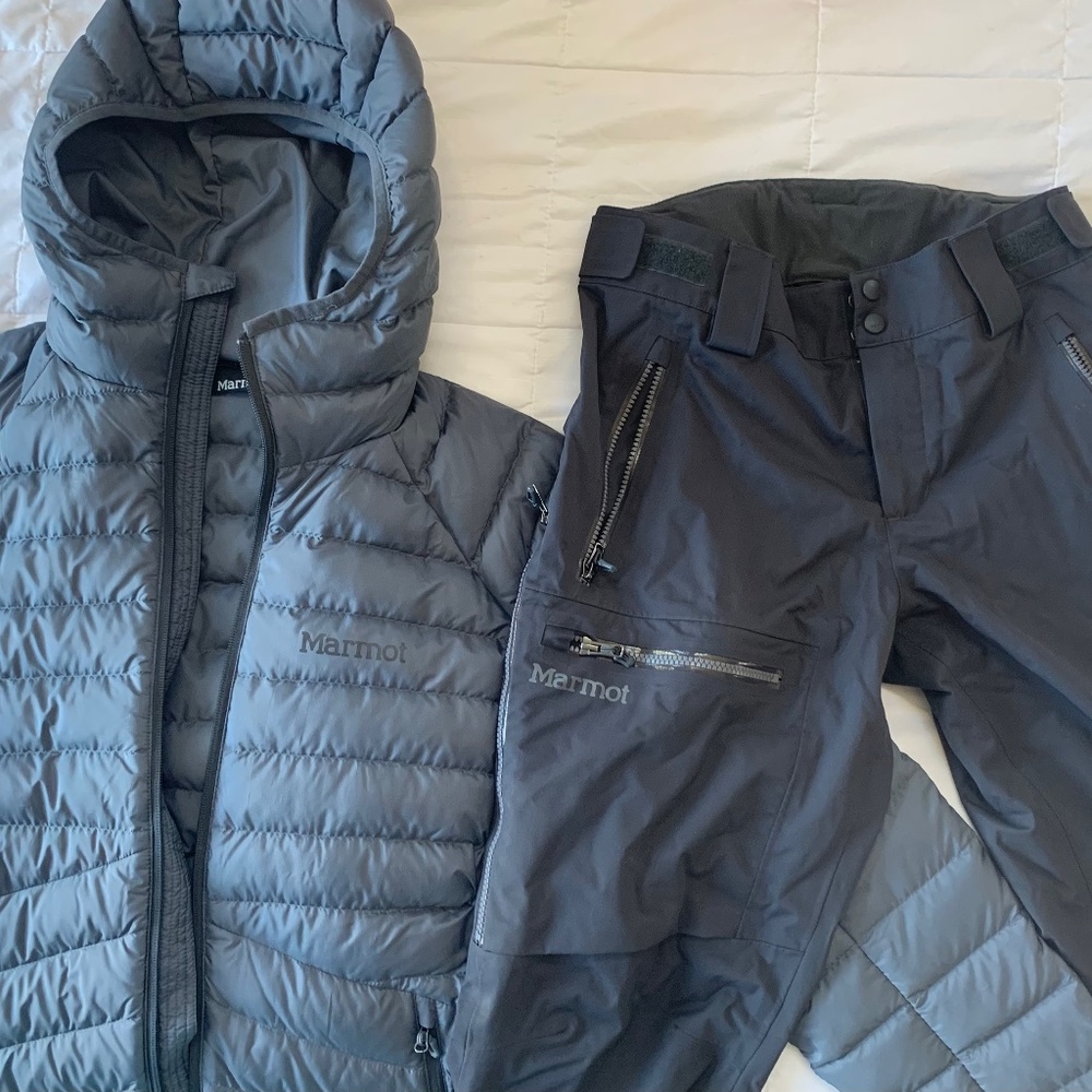Men’s size small Marmot down ski jacket and ski pants